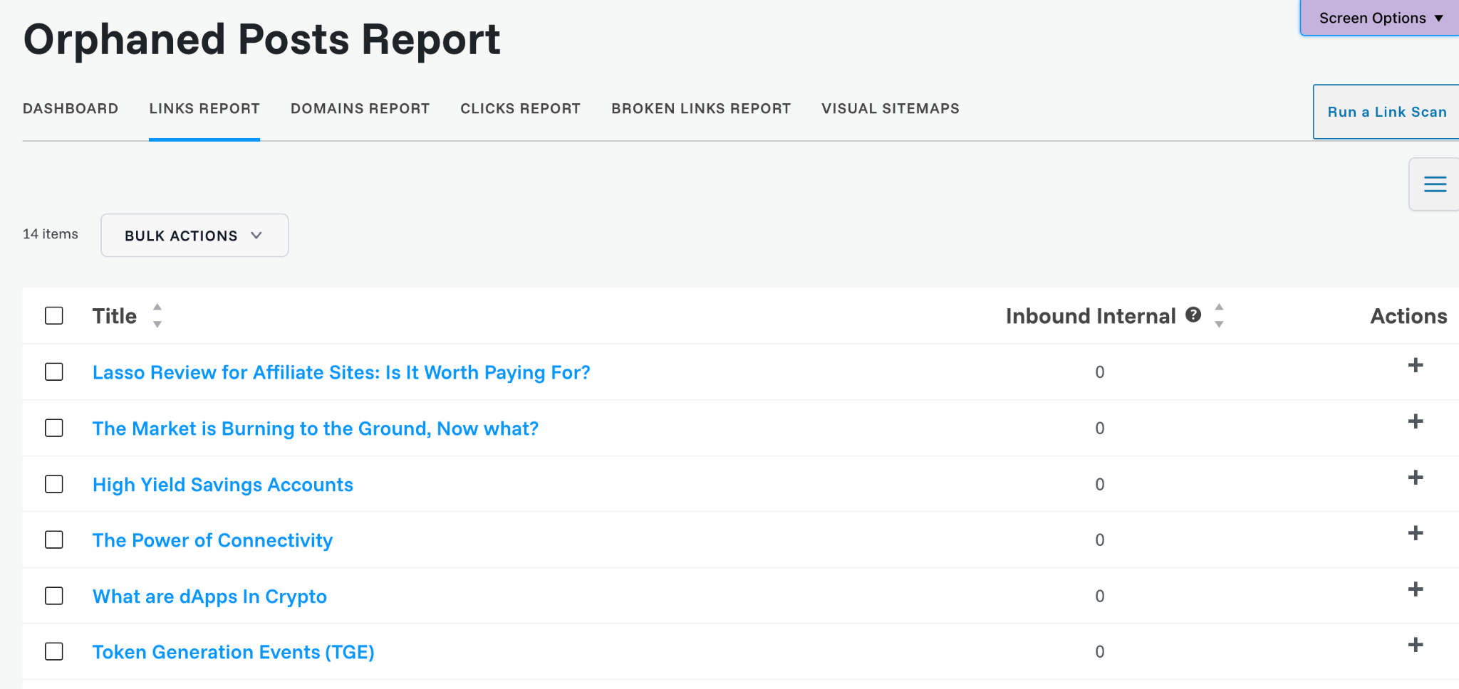 Link Whisper report showing WordPress posts with zero inbound internal links